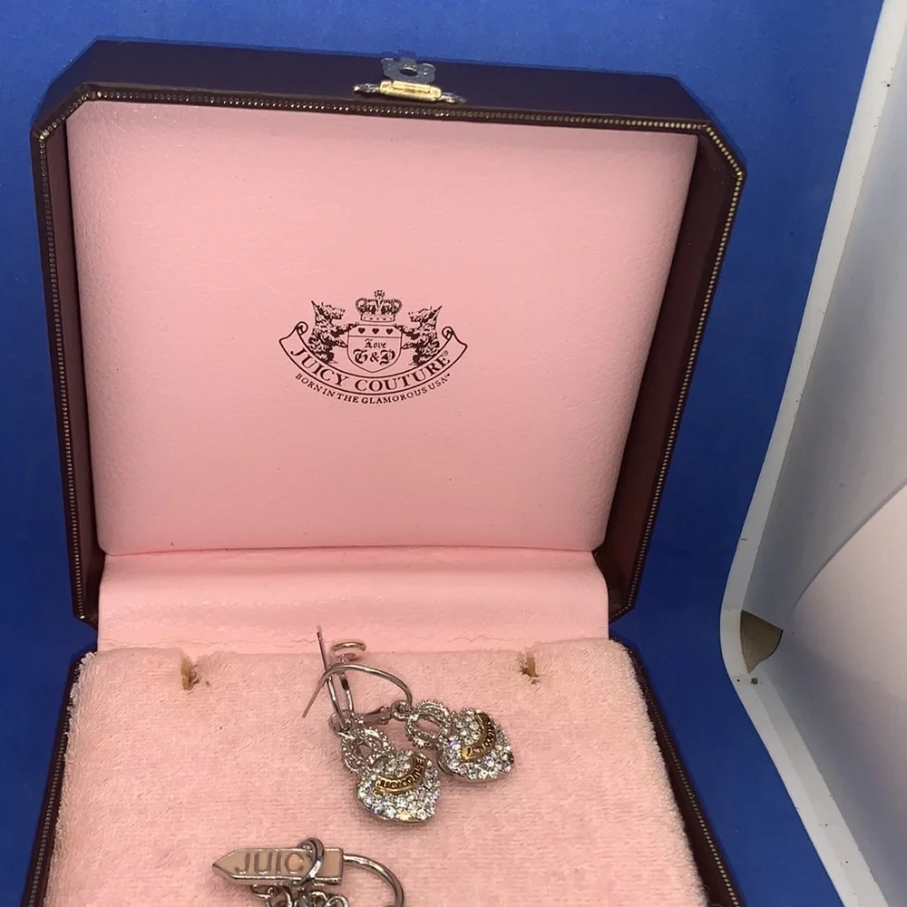 Rare - JUICY COUTURE‎ Silver Tone Heart With Crown Rhinstone Earrings